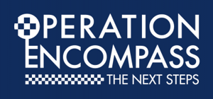 A navy blue rectangle with operation encompass the next steps written on it with white writing