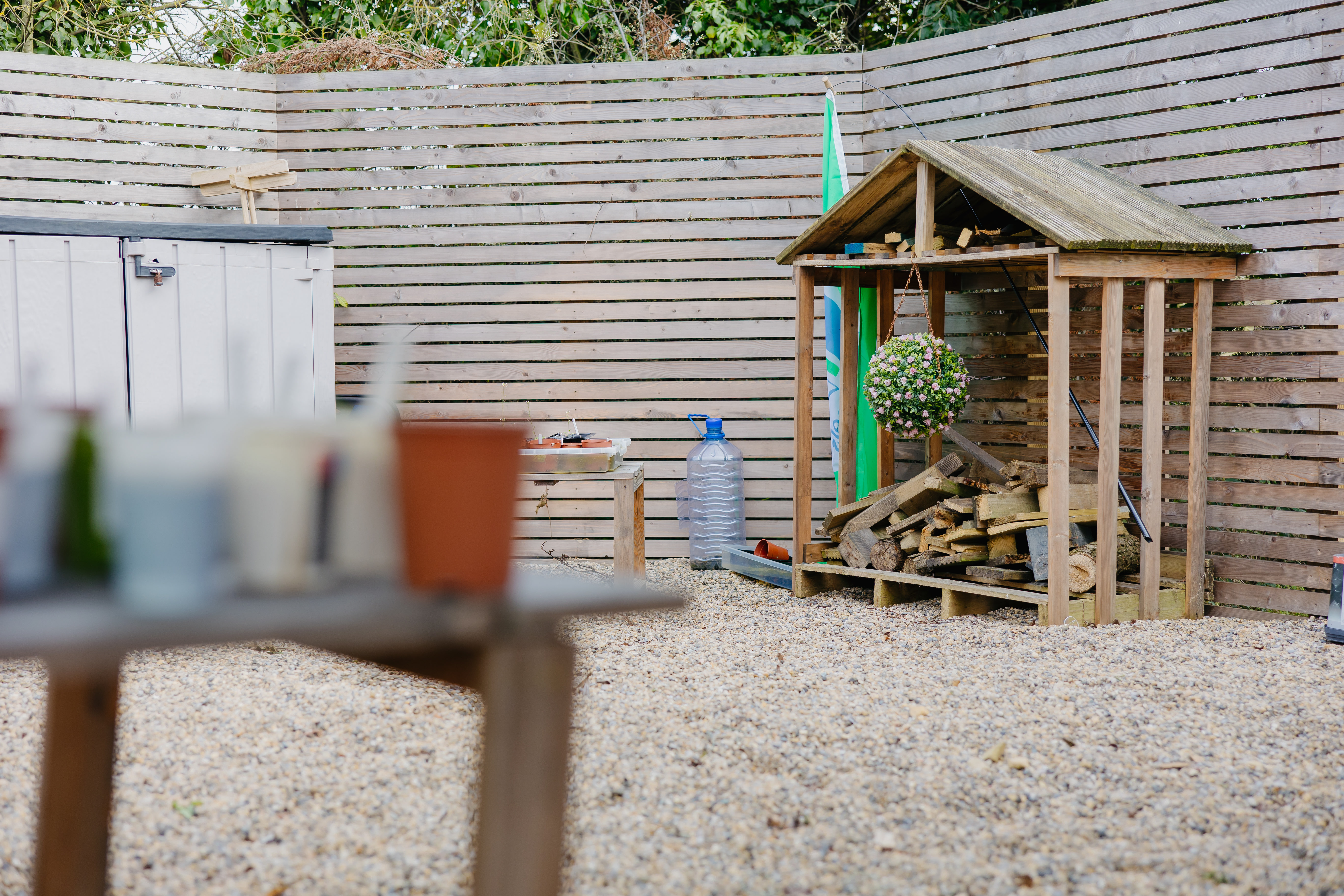 Elmbank Learning Centre outdoor space with wooden huts