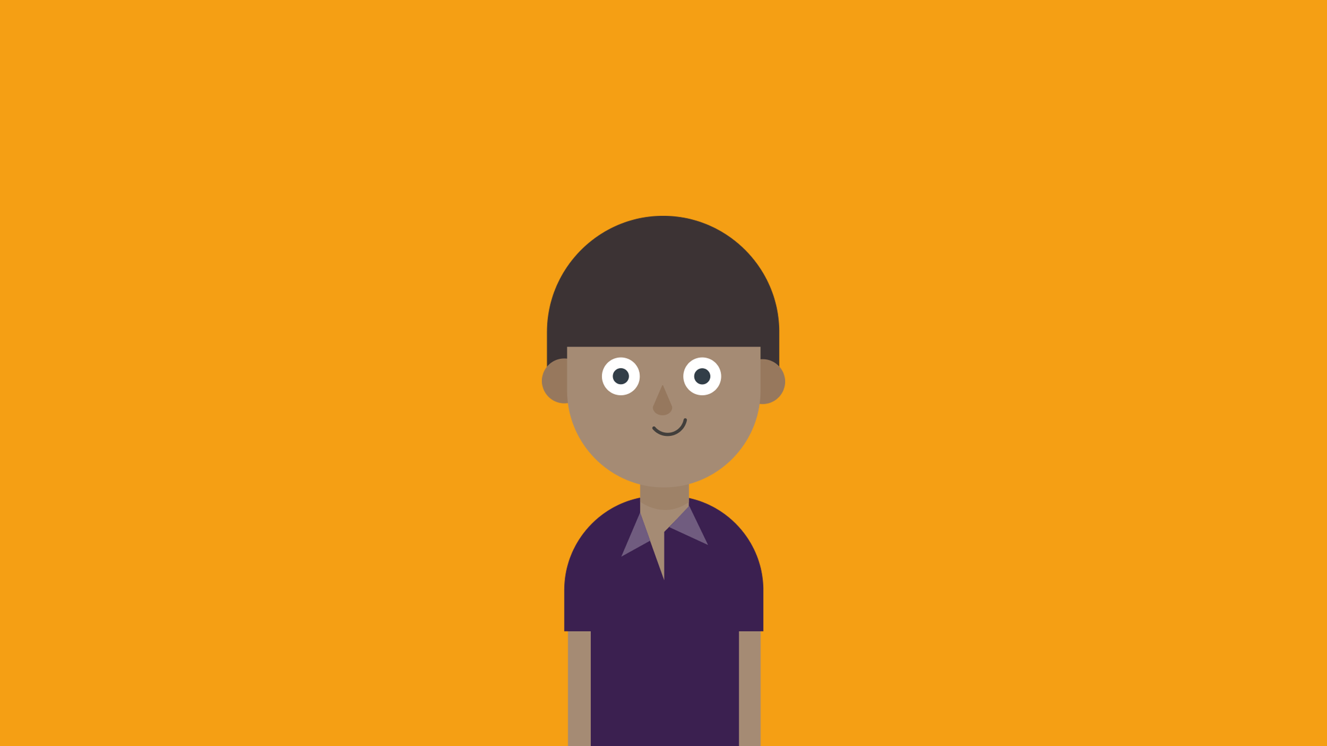 Smiling dark-haired cartoon boy wearing purple shirt in front of orange background