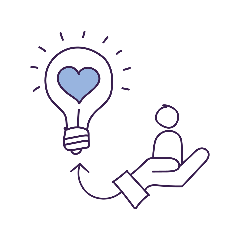A hand holding a person doodle with an arrow pointing towards a lightbulb