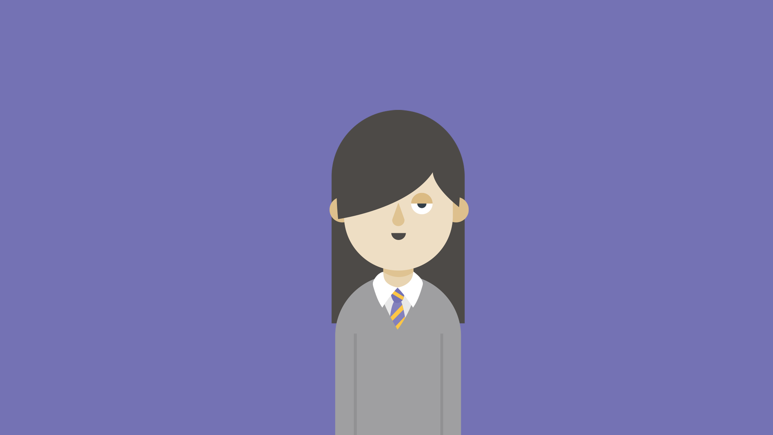Long dark-haired cartoon girl in grey school uniform in front of purple background