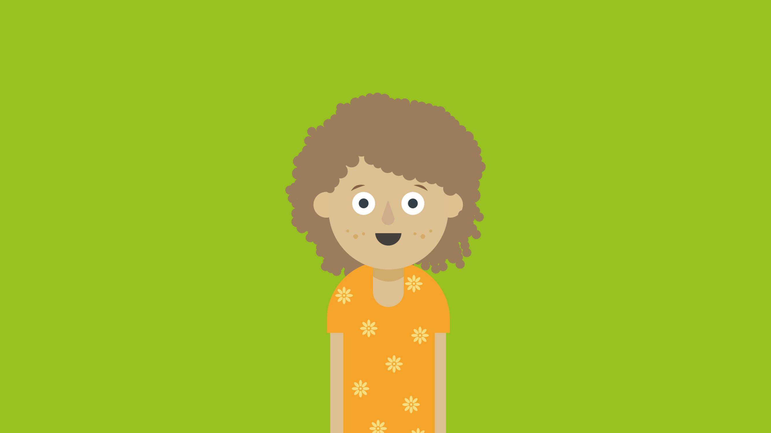 Brown-haired cartoon girl in yellow flower dress in front of green background