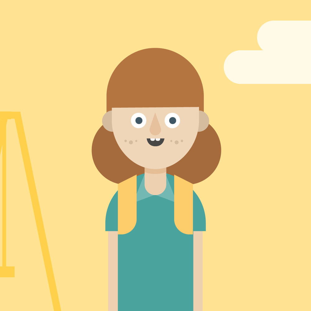 Illustration drawing of a young girl with red hair and a green top on a yellow background