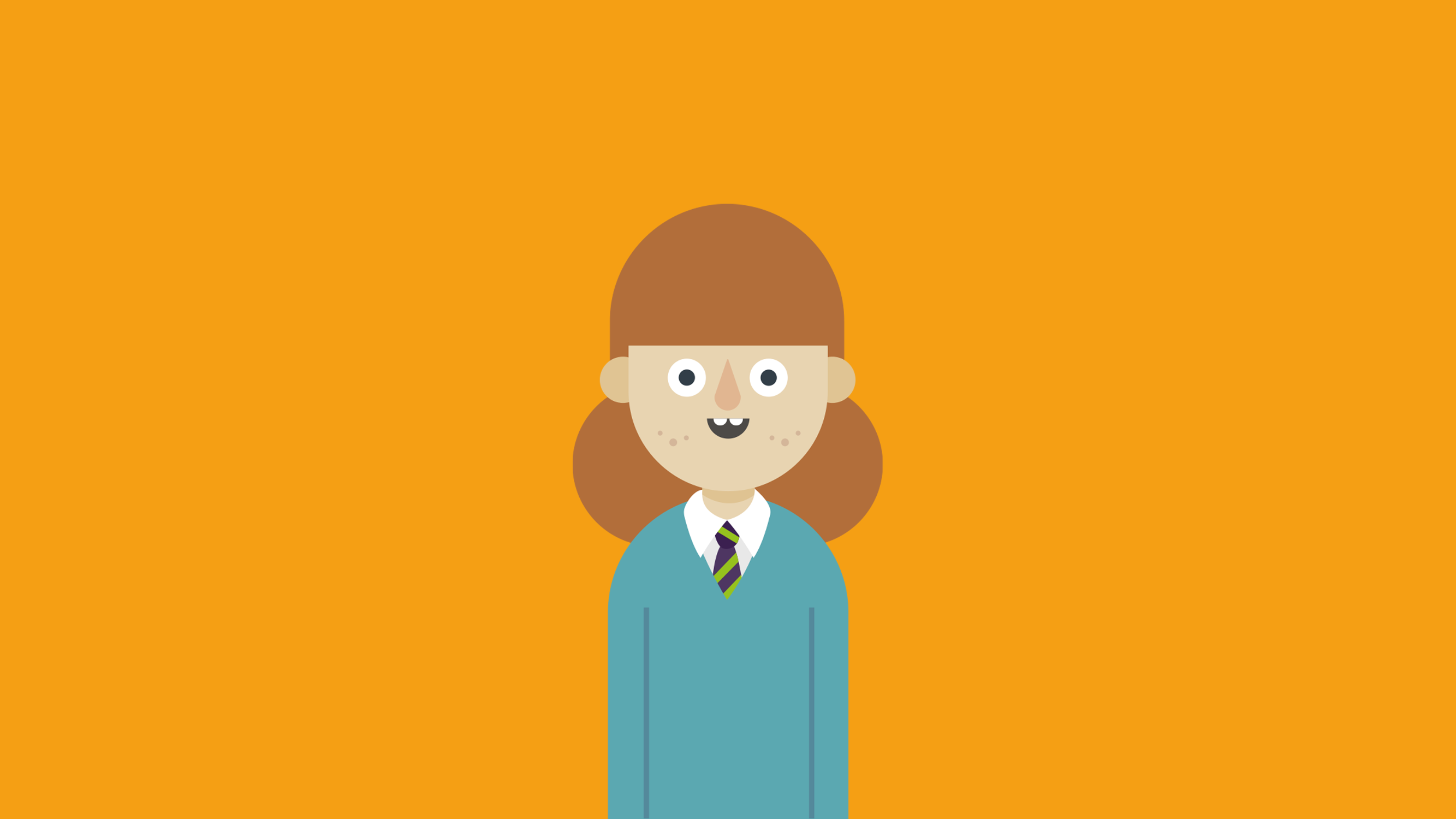 Ginger-haired cartoon girl in blue school uniform in front of orange background