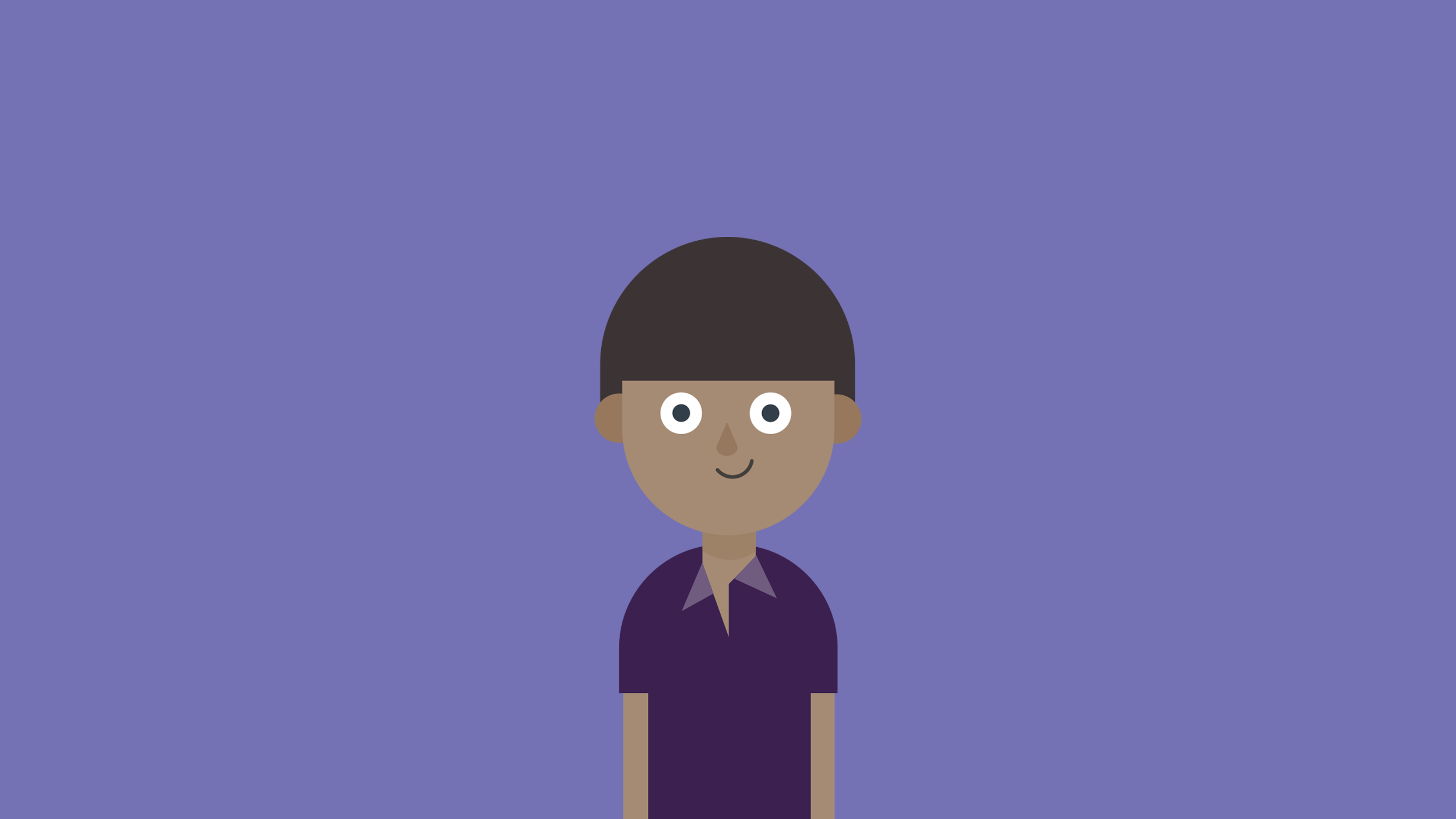Smiling dark-haired cartoon boy wearing purple shirt in front of purple background
