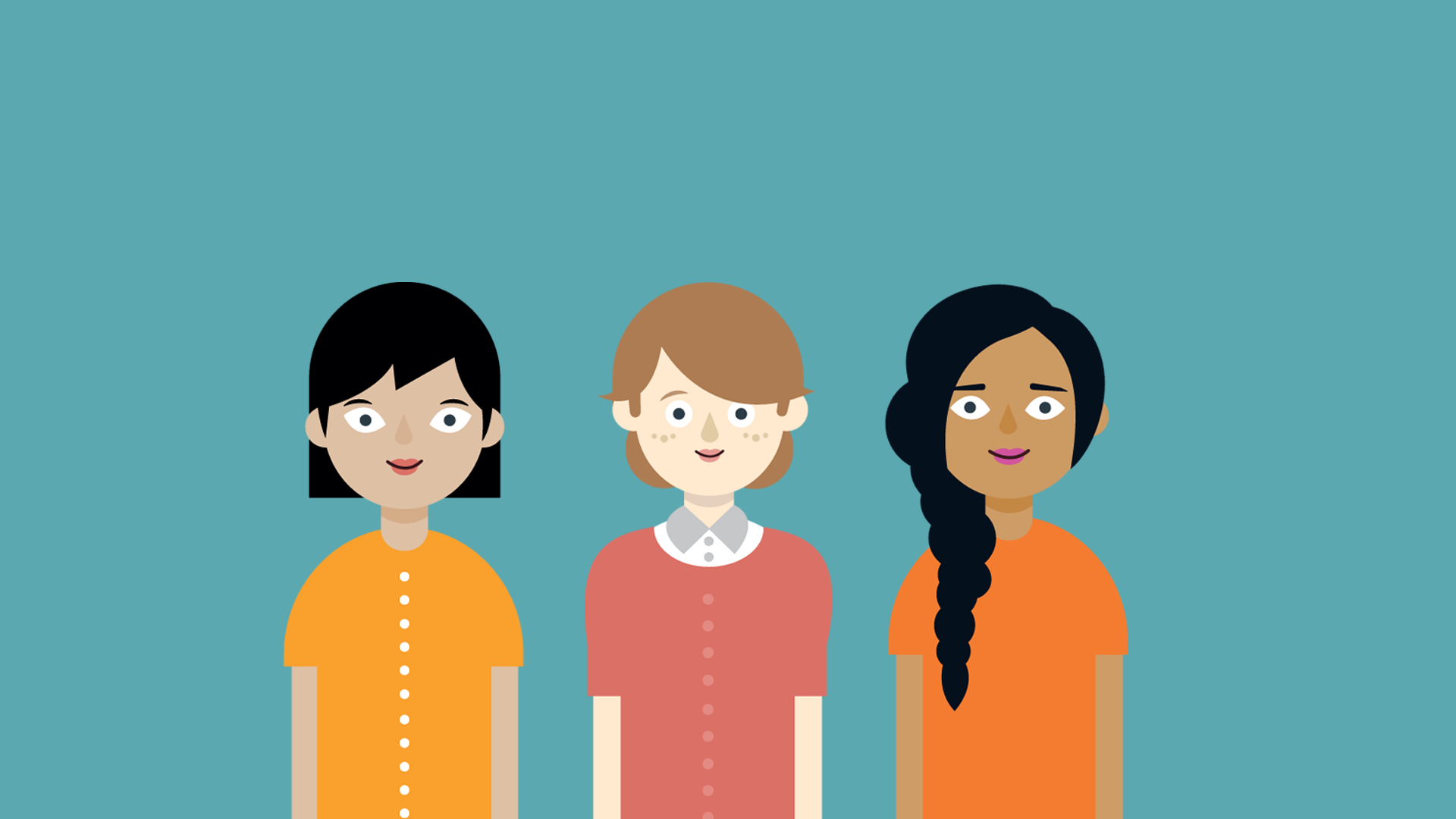 Cartoon image of three females on blue backgroud