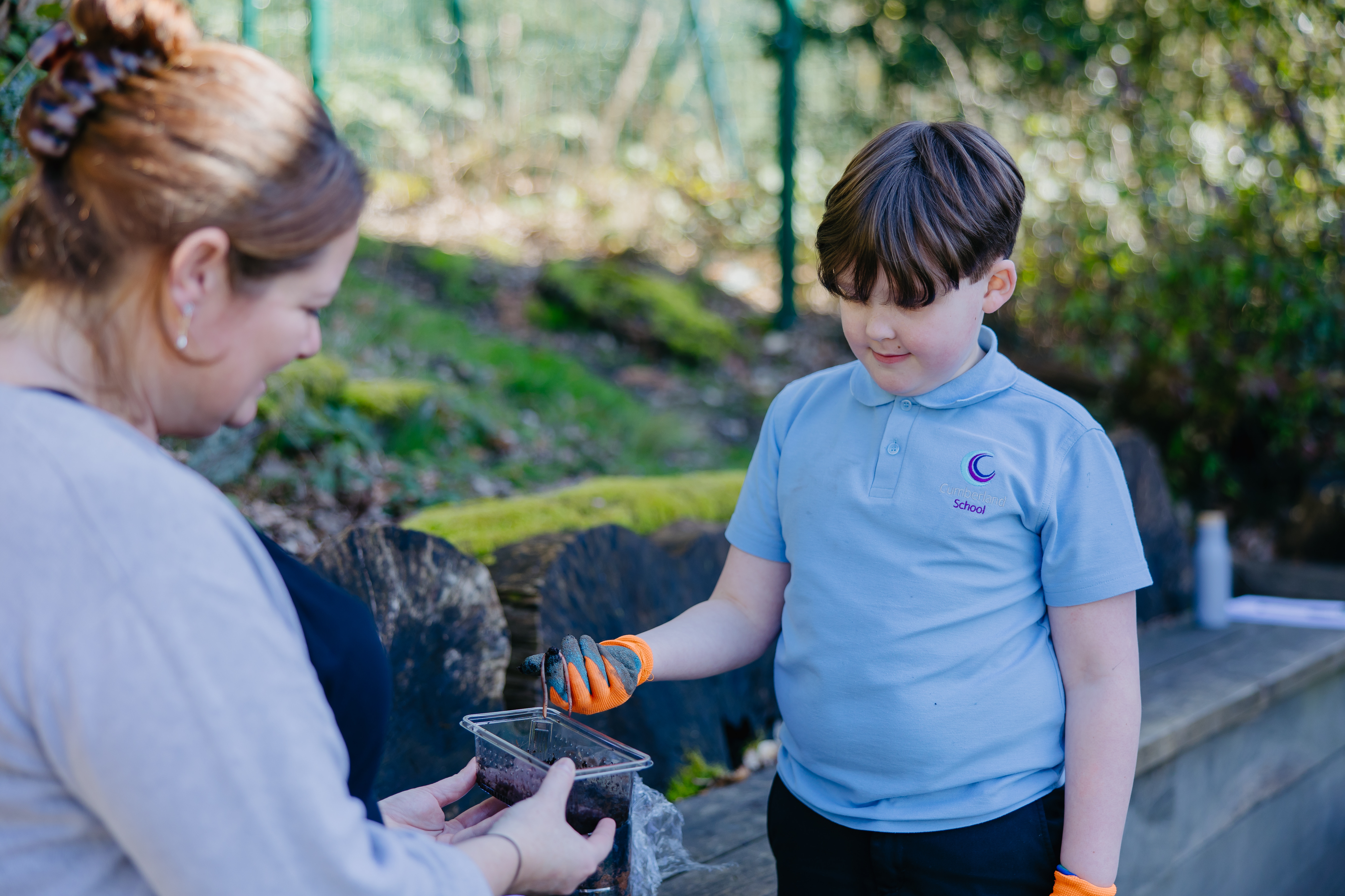 Teacher holding a carton with soil in while child does gardening