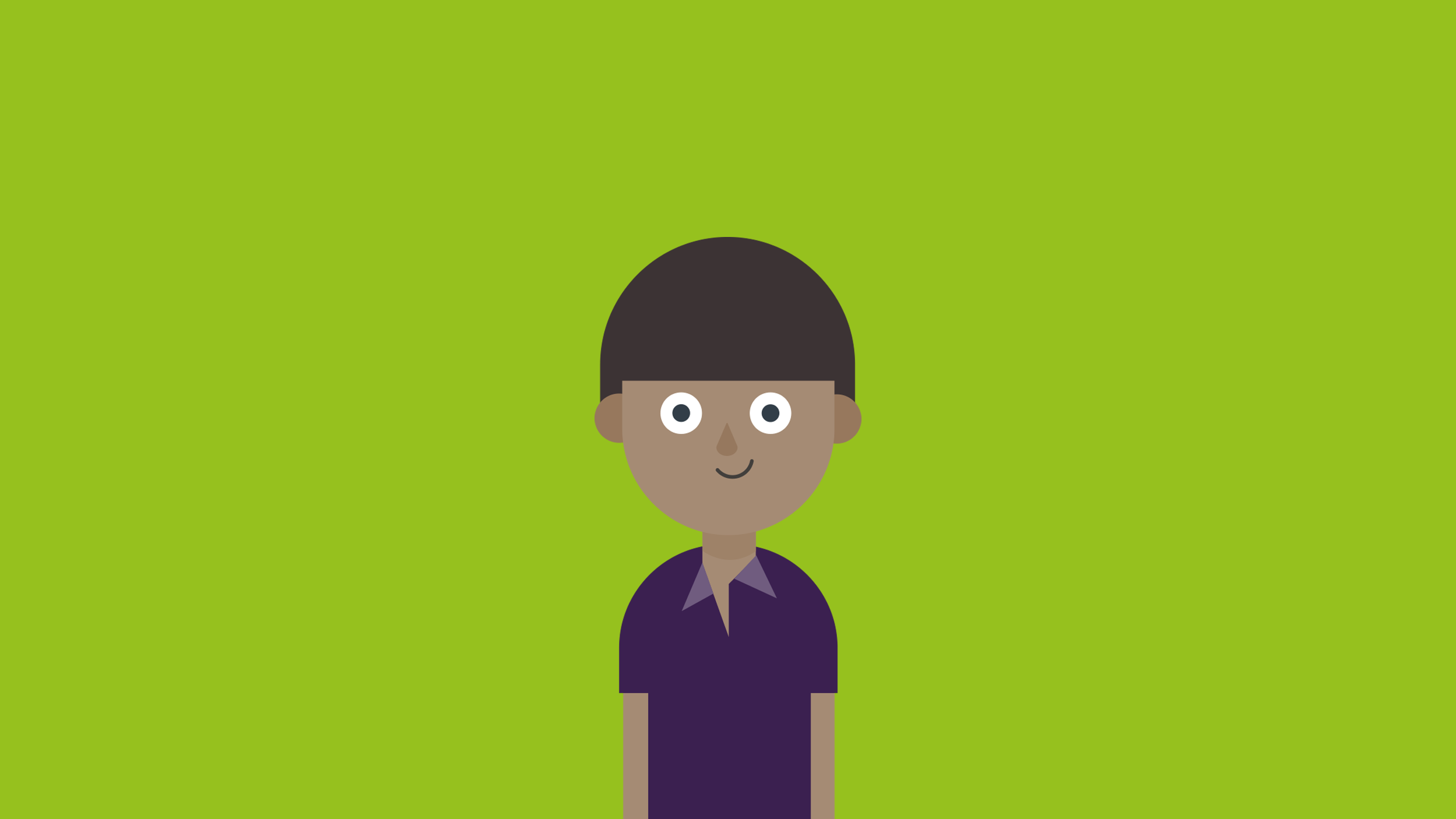 Smiling dark-haired cartoon boy wearing purple shirt in front of green background