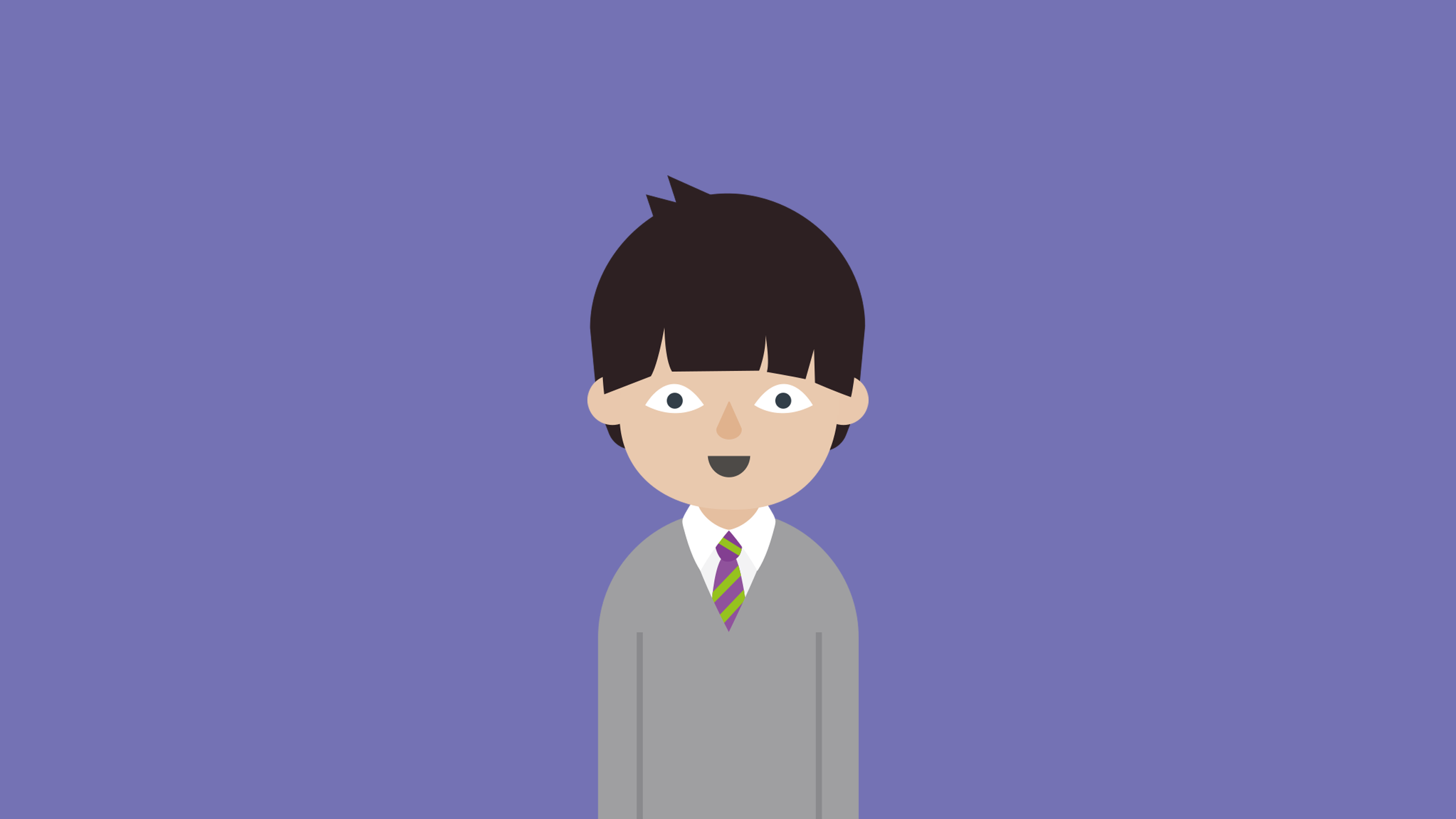 Smiling black-haired cartoon boy wearing grey school uniform in front of purple background