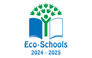 A green tree with a blue and white book on either side with eco-schools 2024-2025 written under in blue