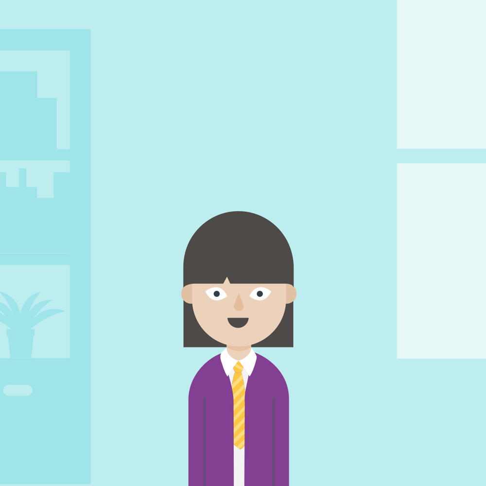 Girl character with short black hair wearing a purple cardigan in a blue classroom background