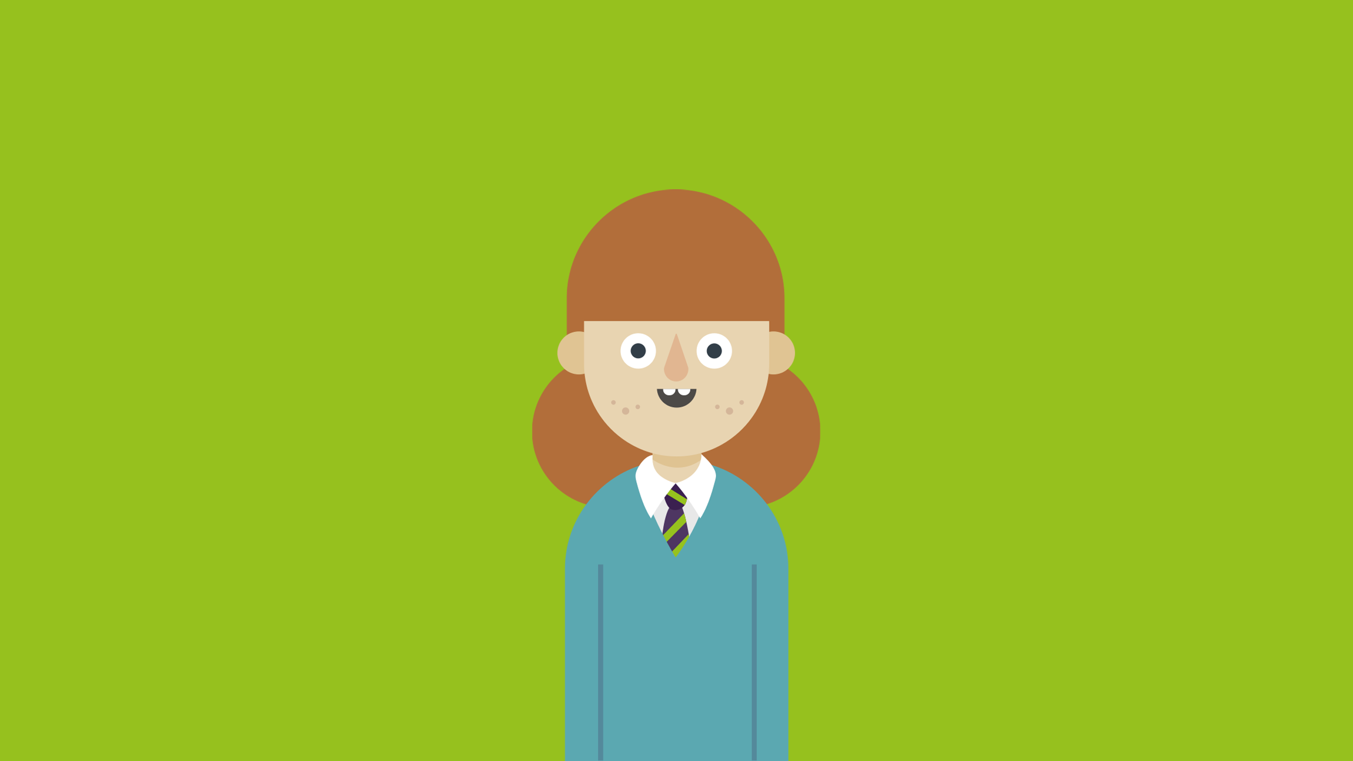 Ginger-haired cartoon girl in blue school uniform in front of green background