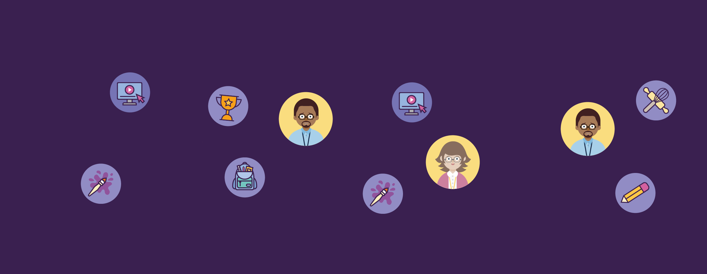 Purple background with cartoon images 