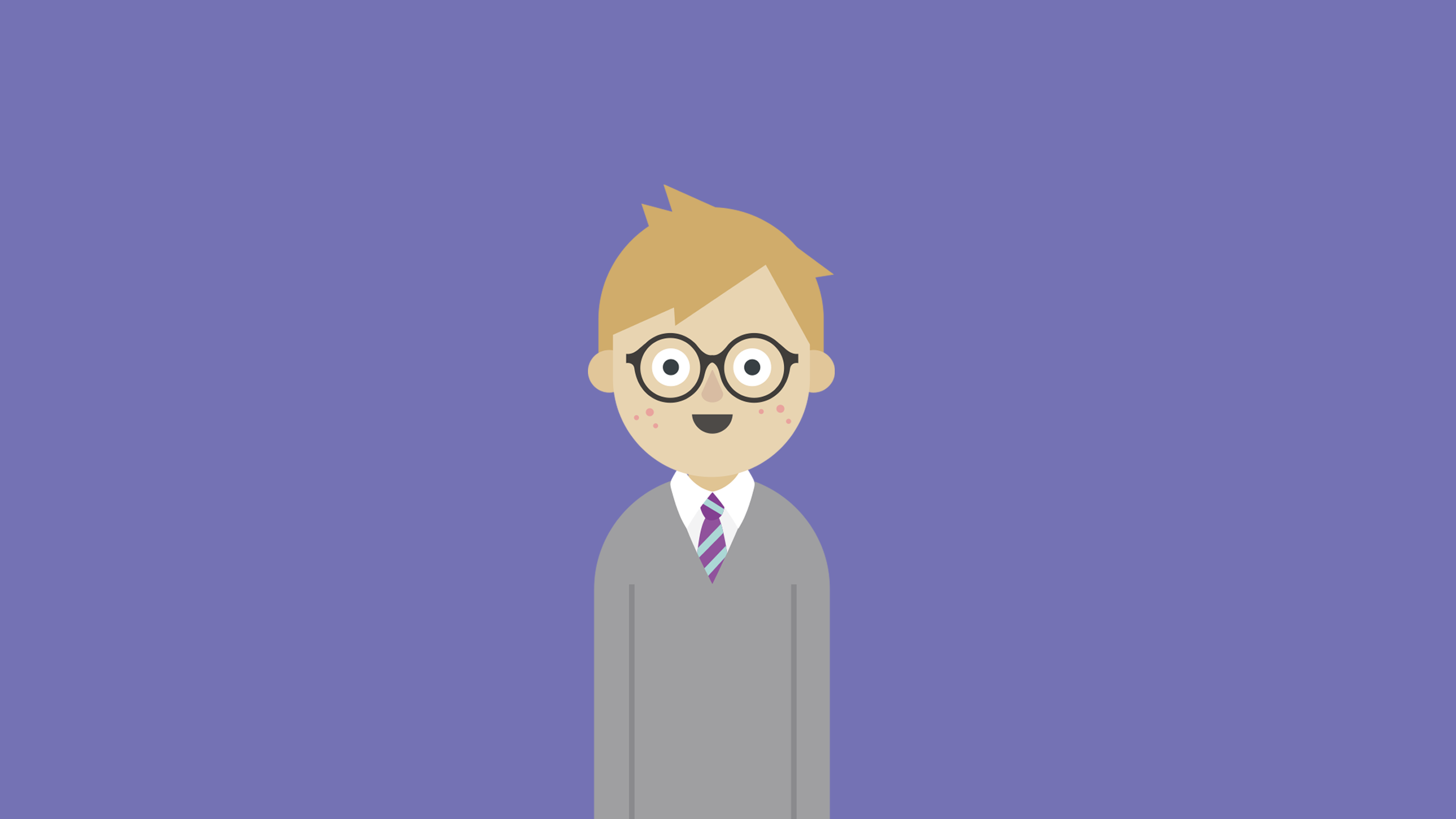 Blonde-haired cartoon boy with glasses in grey school uniform in front of purple background