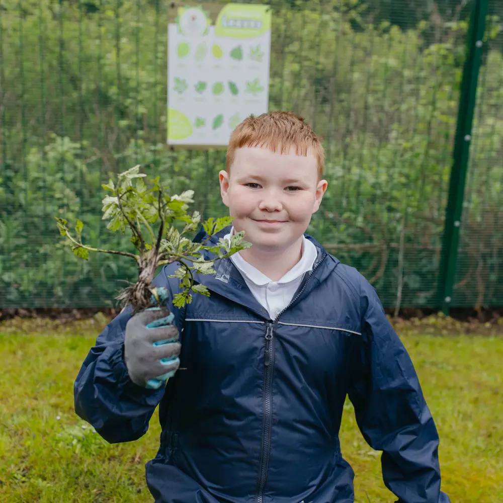 Young boy wearing a waterproof jacket holding a plant at Ashbrooke School