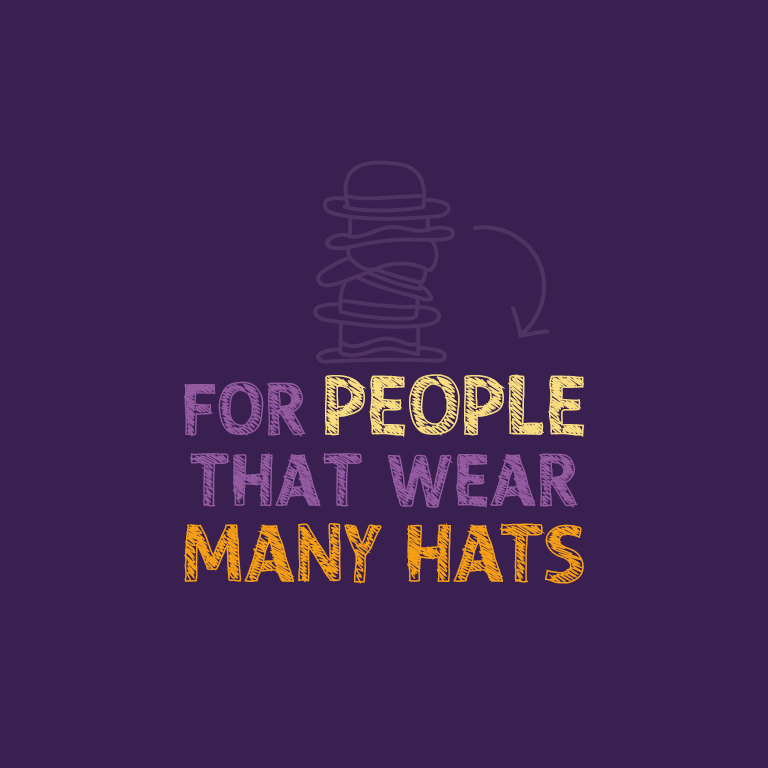 'For people that wear many hats' with purple background