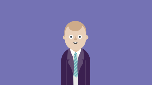 Smiling cartoon boy wearing school uniform in front of purple background
