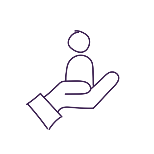 Supportive doodle of a hand with the outline of a person in the palm of it