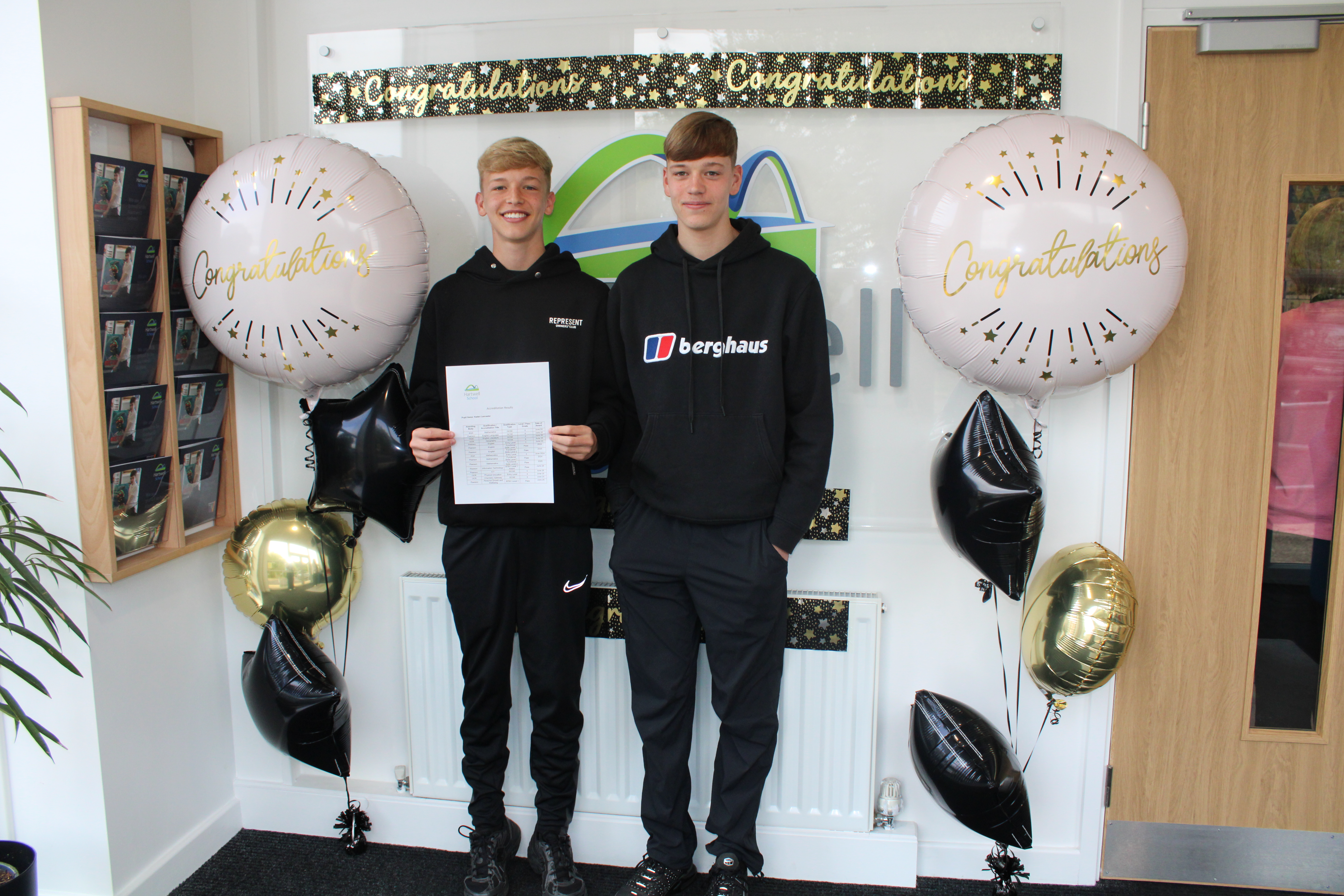 Two boys from Hartwell School celebrating GCSE results day