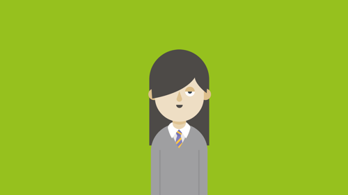 Long dark-haired cartoon girl in grey school uniform in front of green background