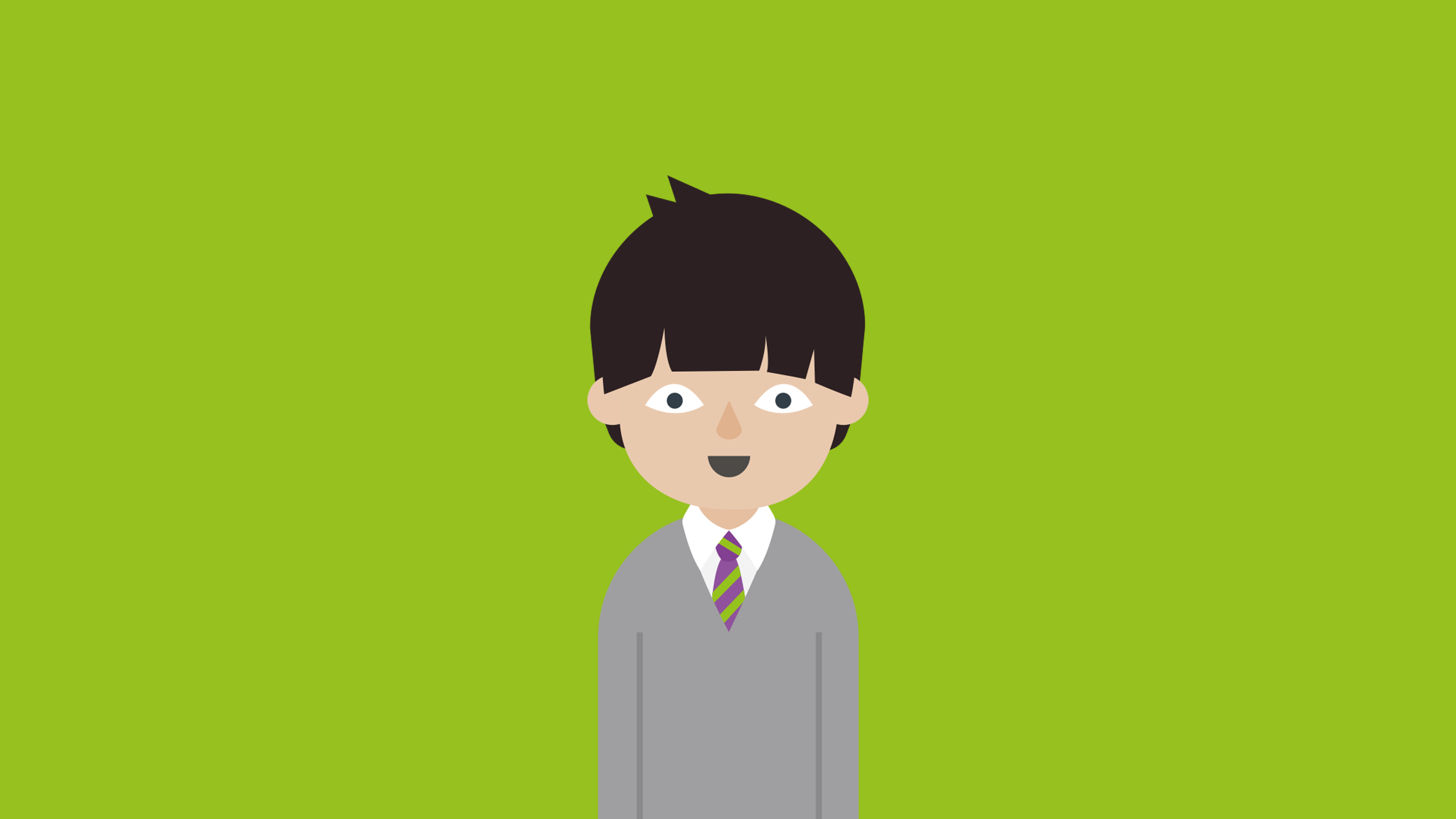 Smiling black-haired cartoon boy wearing grey school uniform in front of green background